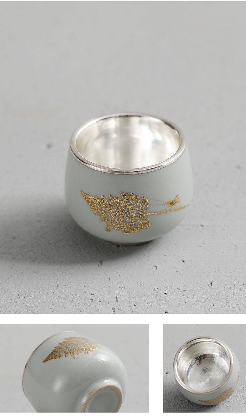 银茶杯纯银999小茶杯陶瓷包银手绘茶杯细工坊银壶纯银999茶杯主人杯单