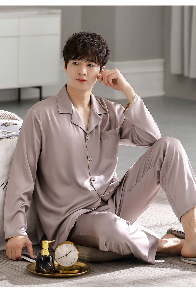 法诺姿轻奢品牌冰丝睡衣男士春秋款丝绸长袖家居服款春季四季款夏季夏