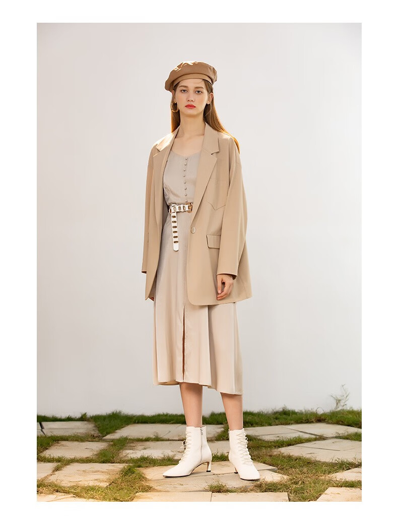 谷邦22秋季新款连衣裙女法式设计感气质v领长裙 奶茶色 xl/170【图片