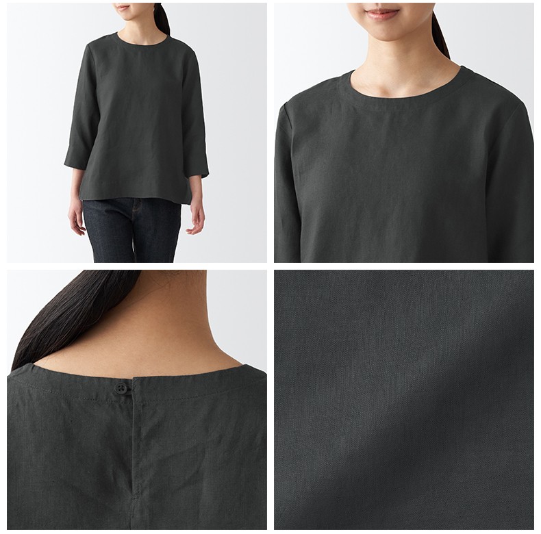 无印良品 muji 女式 亚麻水洗 七分袖罩衫 bca25c2s 烟熏蓝色条纹 xl