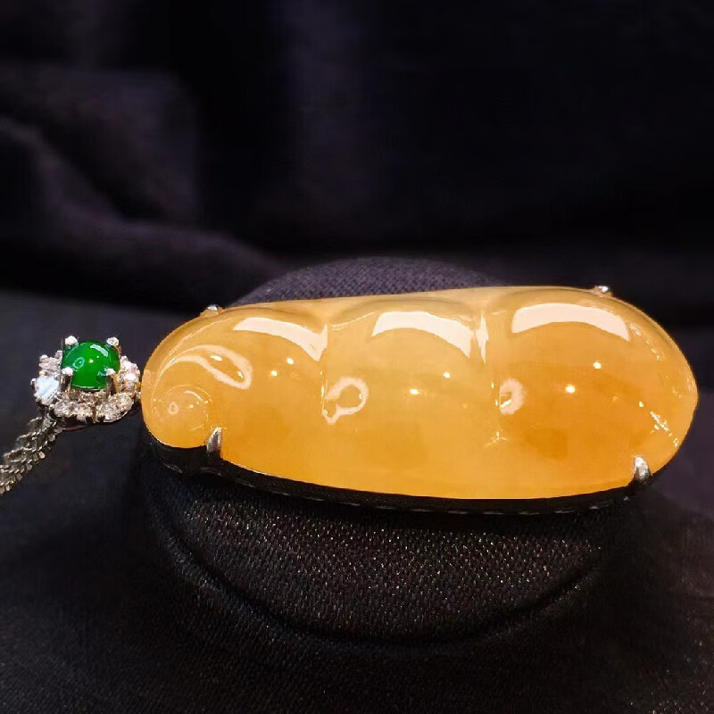 玉佳佳翡翠冰黄翡大福豆四季豆吊坠缅甸a货翡翠18k金镶嵌玉石送礼送