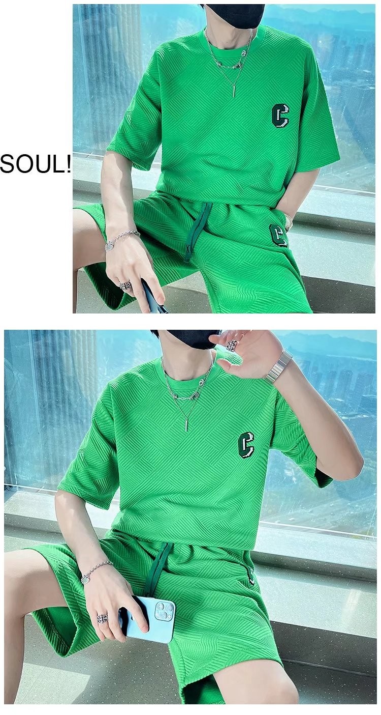 夏季新款韩版潮流渐变色冰丝衣服裤子一套搭配帅气休闲卫衣套装 绿色