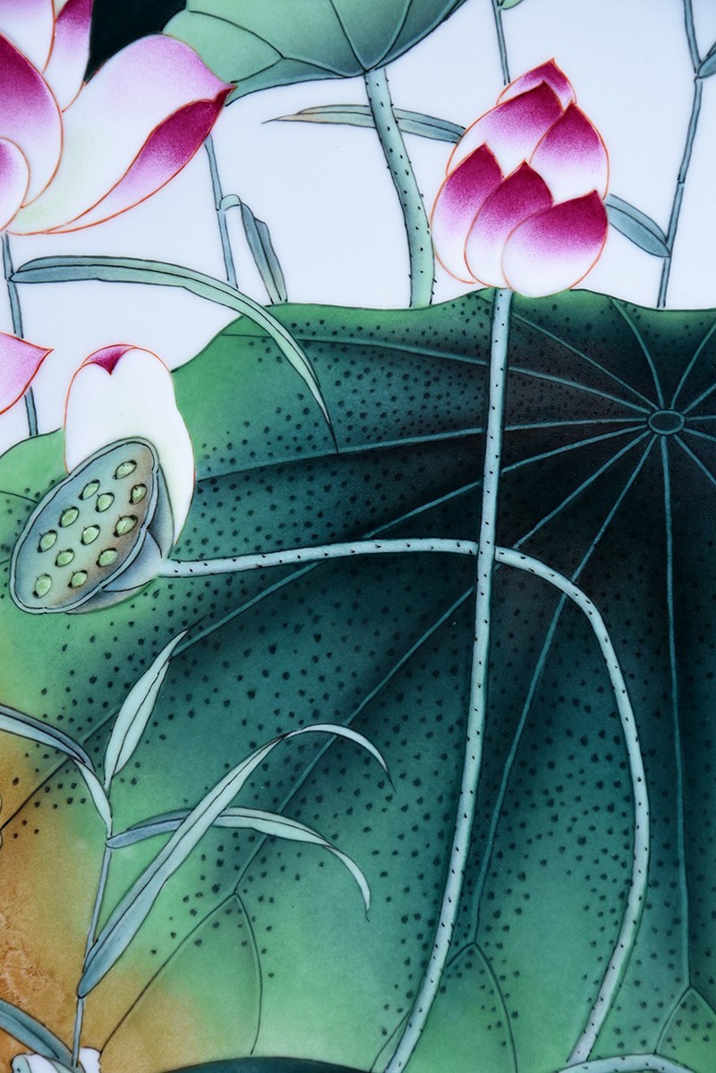 瓷意静景德镇手绘粉彩荷花瓷板画景德镇手工陶瓷家居玄关