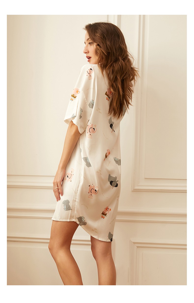 mybody睡衣冰丝睡衣女仿真丝家居服大码短袖性感薄款男友风衬衫式中长