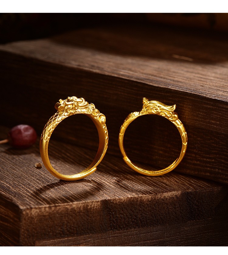 明牌珠宝传家金系列龙凤缘古法黄金龙凤对戒足金婚嫁戒指计价龙戒afm