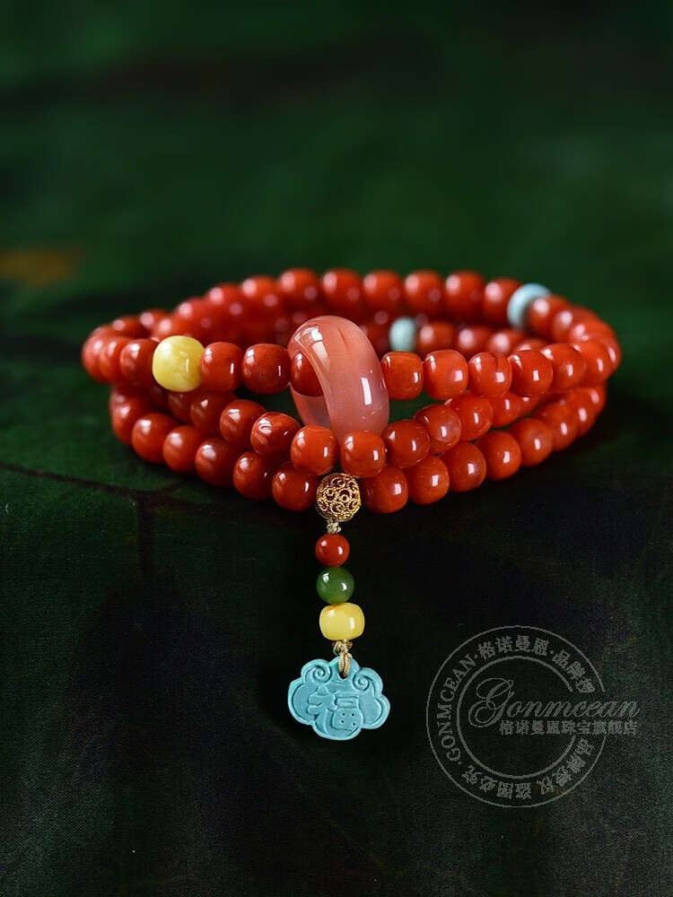 gonmcean川料老型珠柿子红凉山南红手串108颗佛珠手串本命年礼物 6mm