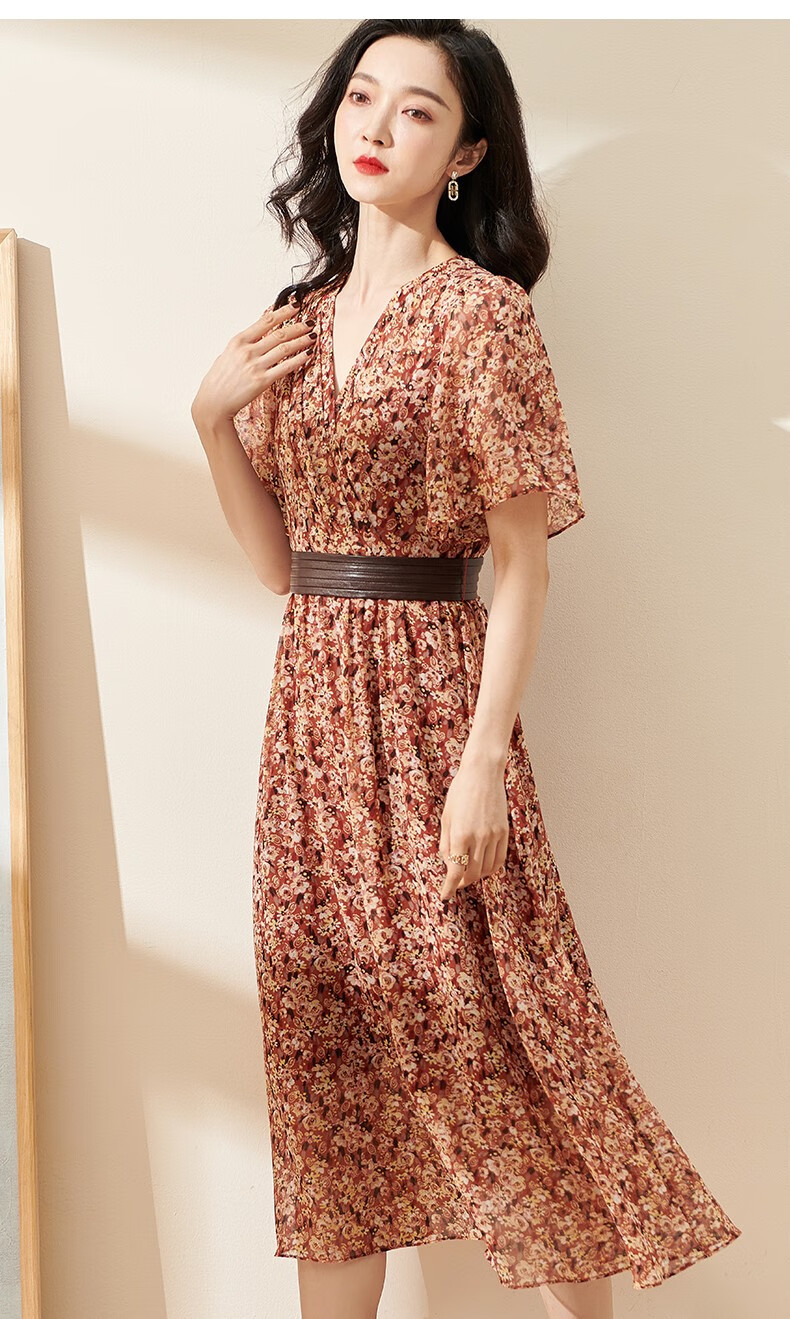 珂曼苏品牌女装2022夏季新款优雅气质淑女碎花连衣裙飞飞袖大摆砖红色