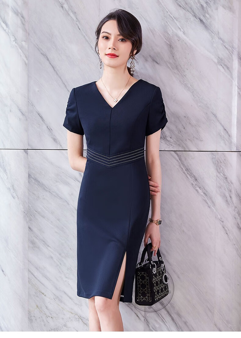 伊雅露莎夏季连衣裙短袖新款职业装女商务正装中长款微弹裙子面试长裙