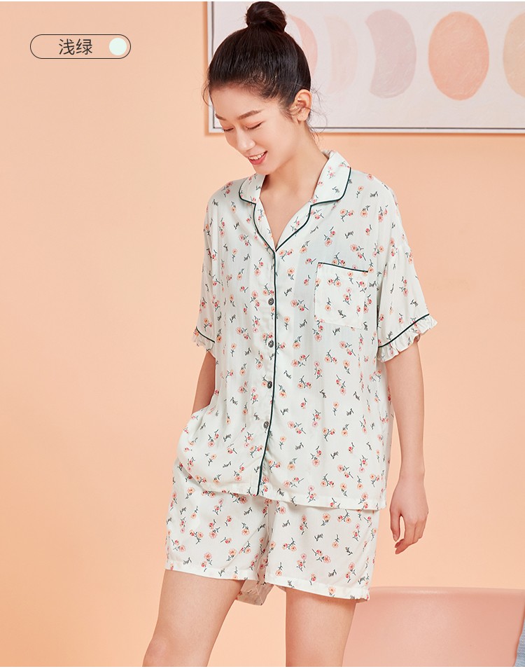 都市丽人睡衣女2022春夏新品薄款宽松女士碎花开襟翻领lh01b6浅粉l