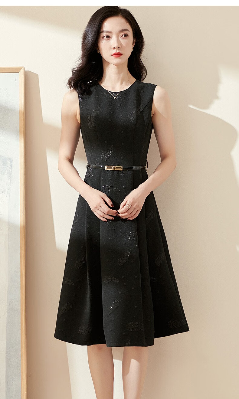 歌珀莱品牌女装2022春季新款轻奢黑色提花a字裙显瘦无袖连衣裙黑色s
