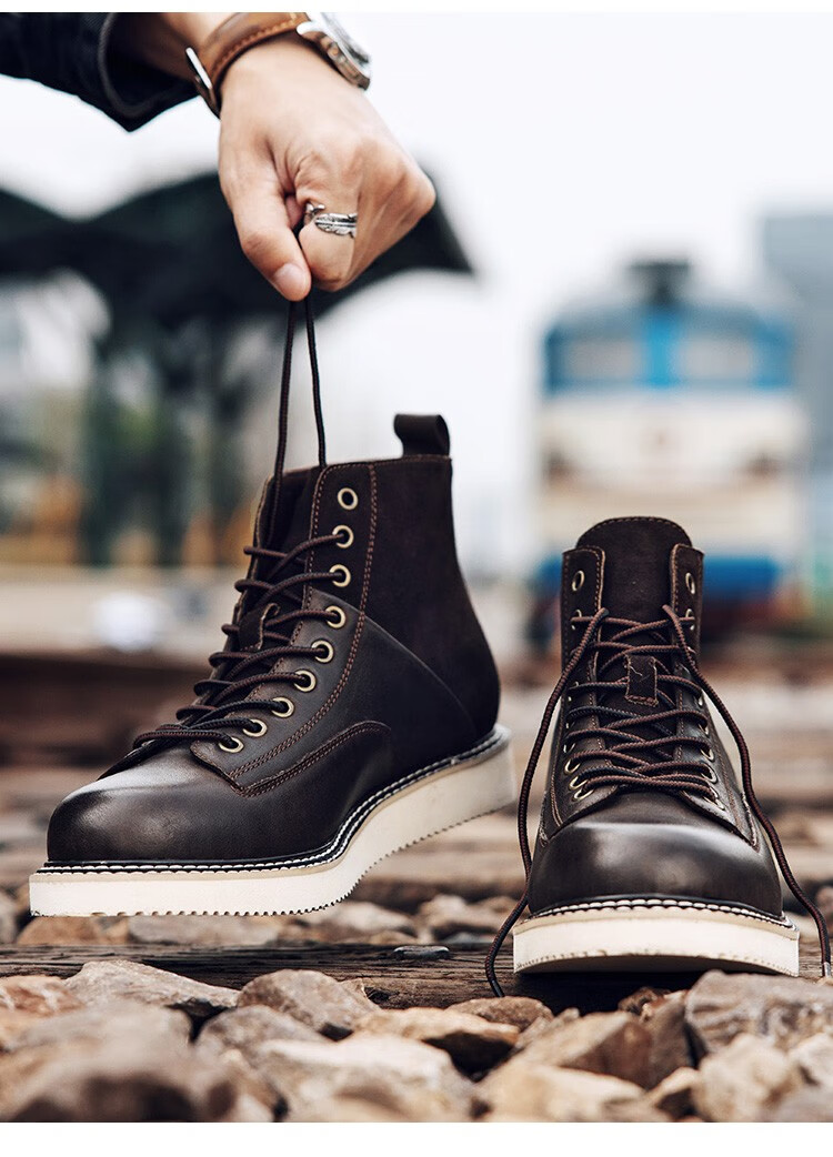 【澳洲进口】ausheep ugg男靴秋冬牛皮系带拼接休闲透气男鞋 咖啡色