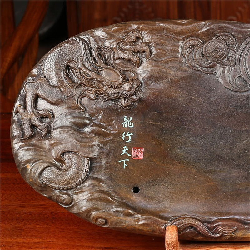 玺翰雅端砚茶盘茶海石头茶台天然梅花坑手工雕刻排水茶盘珍贵天然石眼