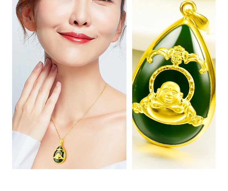 汉峰金镶玉吊坠项链金佛足金佛公黄金和田玉佛项坠挂件男女款b款