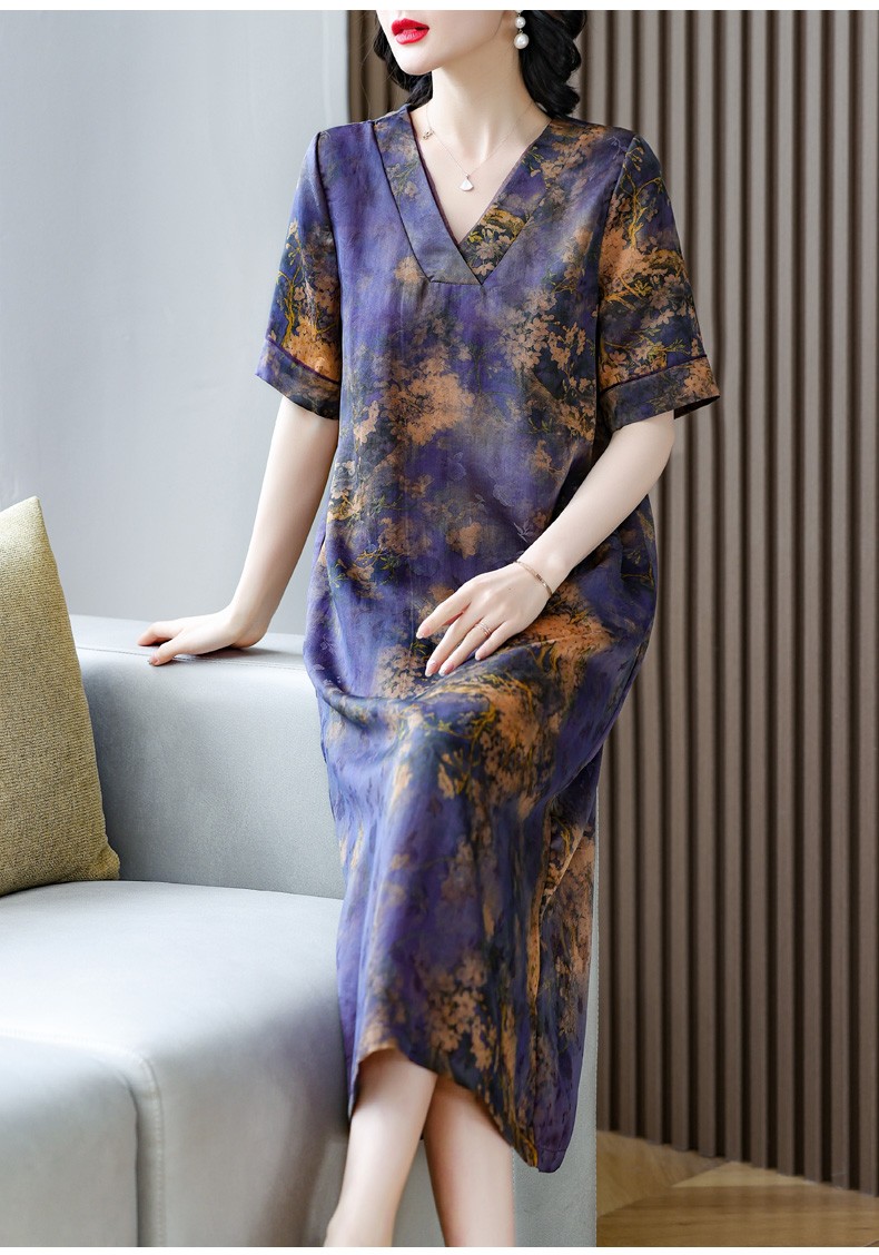 瑟俐品牌花罗香云纱连衣裙2022流行裙子新款女真丝桑蚕丝中长款遮肉重