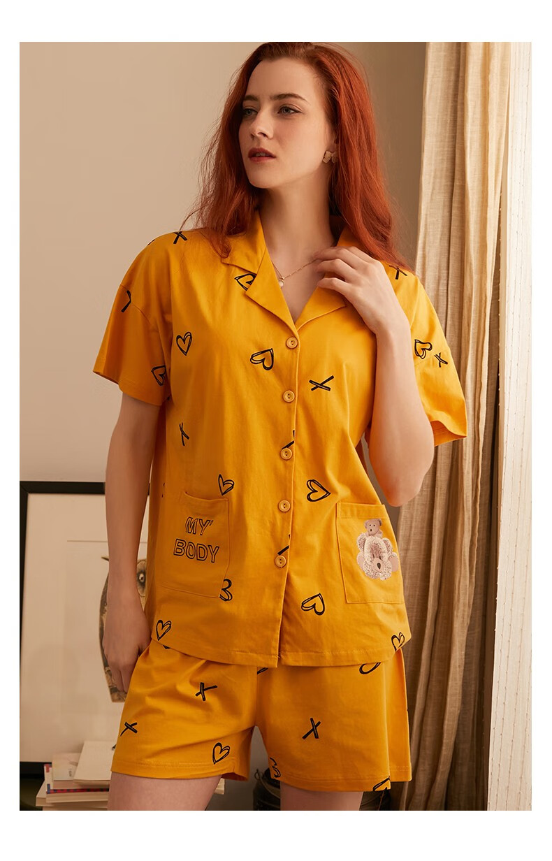 mybody睡衣女春夏季纯棉短袖开衫睡衣套装可爱心形小熊印花休闲家居服