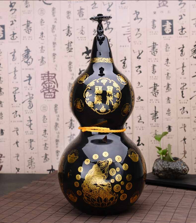 福光普照泰山玉葫芦摆件墨玉金丝开业礼品配底座客厅玄关办公室商务