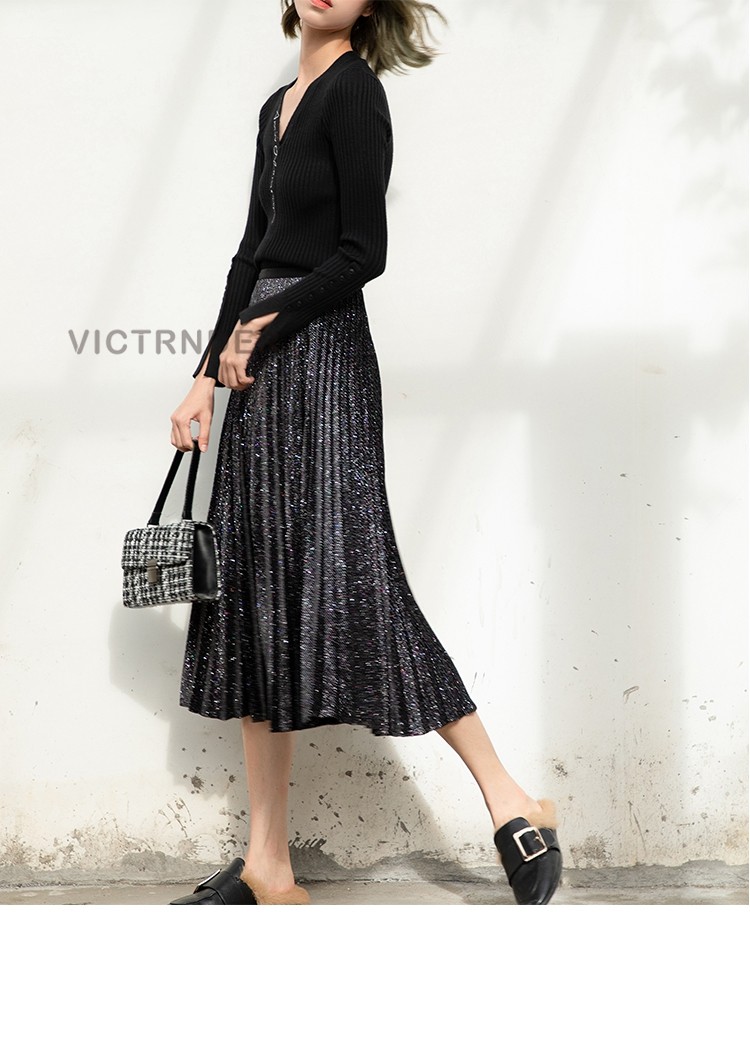 victrnder金丝绒半身裙女高腰a字百褶裙宽松时尚优雅中长裙酒红色s