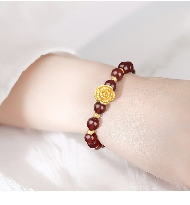 臻仟尼黄金手链女3d硬金转运珠999足金玫瑰花金珠手串生日女友礼物