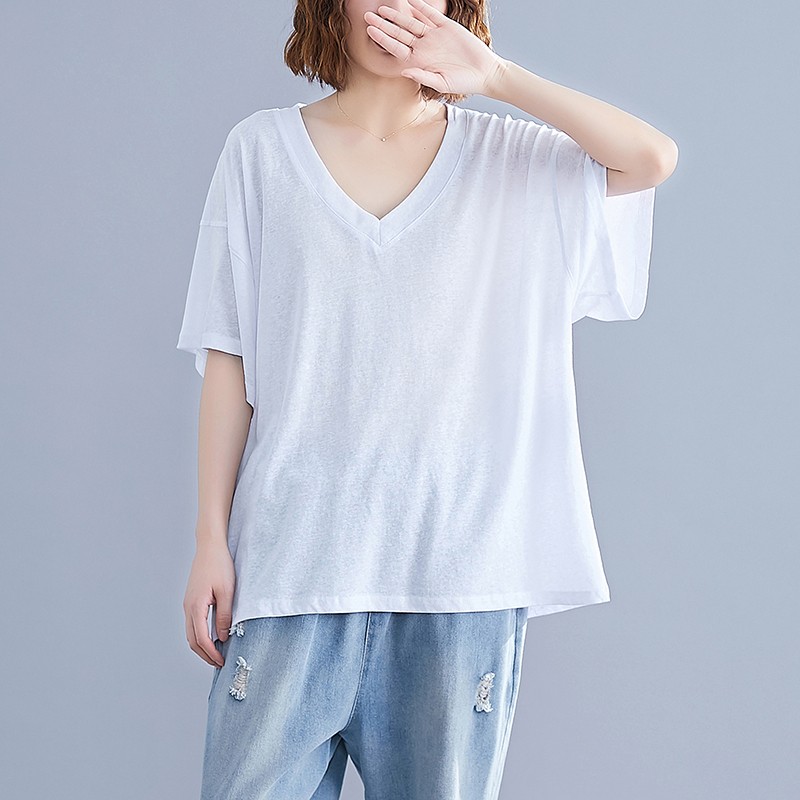 v领短袖遮肚子显瘦上衣宽松型胖女孩藏肉百搭减龄t恤肥婆衣服白色大码