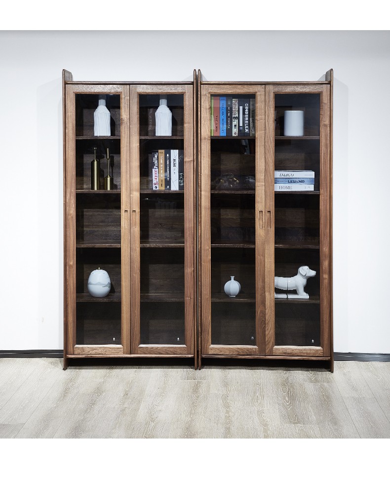 青春潮黑胡桃木实木书柜满墙带门玻璃书柜落地书橱组合柜子b款9035200