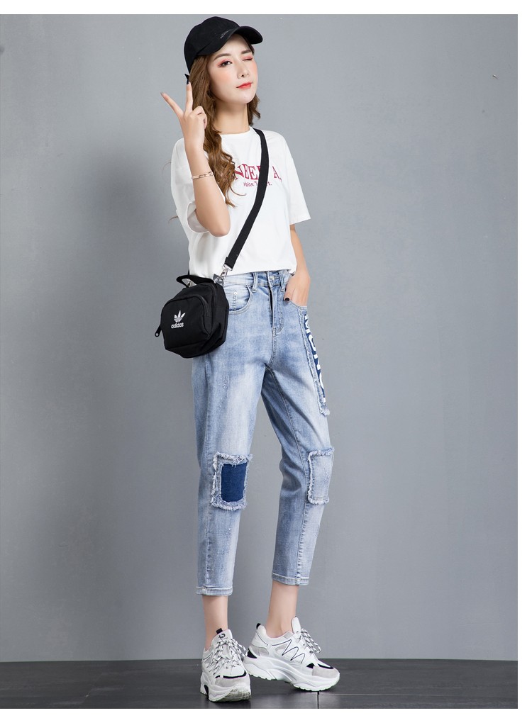 浅蓝色 27 品牌: 箐冉儿 商品名称:箐冉儿休闲七分牛仔裤女高腰小个子