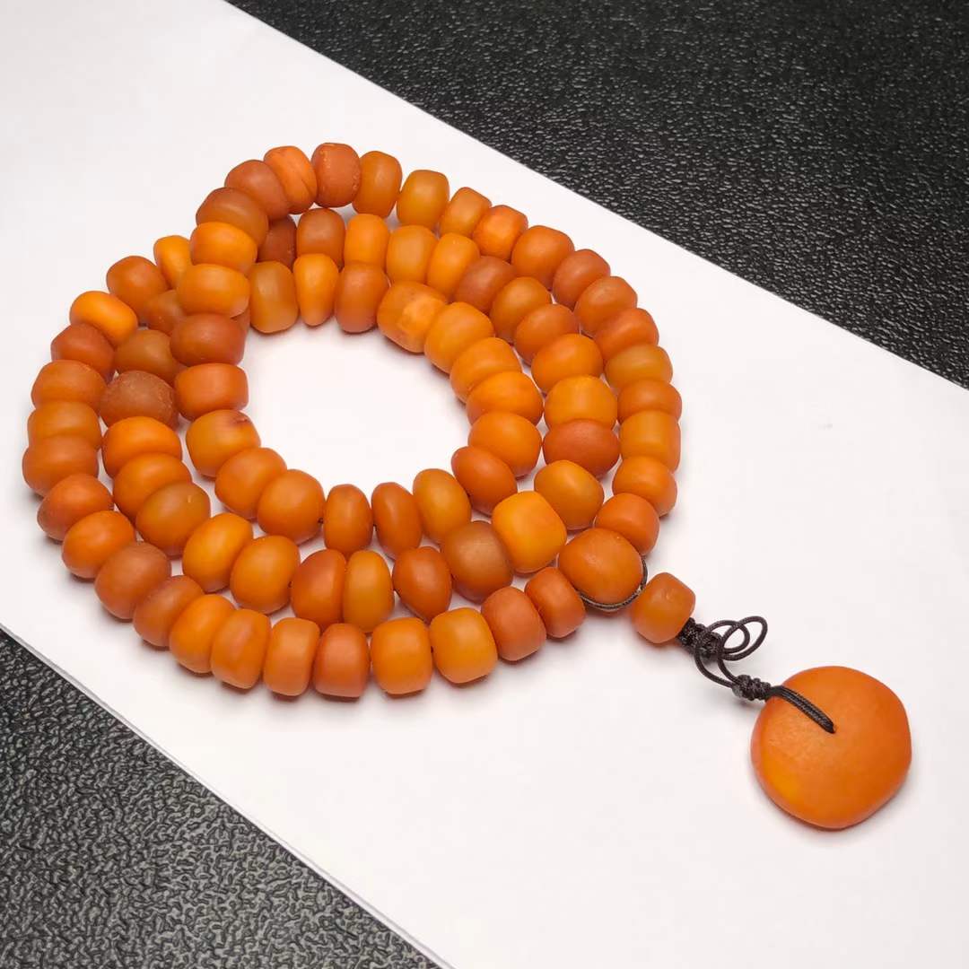 收藏款原矿鸡油红老蜜蜡平安扣路路通佛珠项链手链蜡质醇厚古香古香