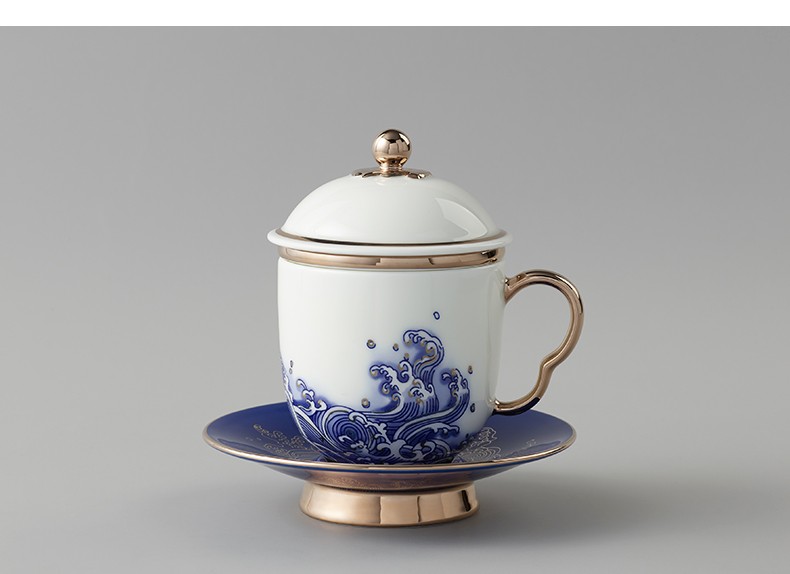 永丰源(auratic)先生瓷海上明珠250ml四件套陶瓷茶杯带盖茶漏办公杯四