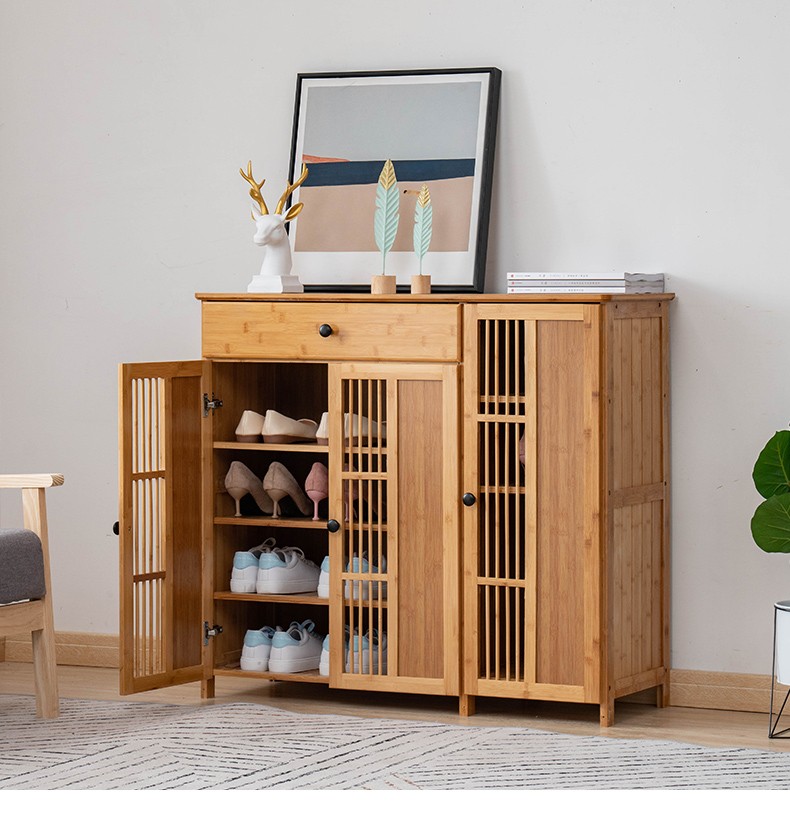 简约新中式入户鞋架现代门口换鞋柜宿舍大容量楠竹放鞋柜两门无抽鞋柜