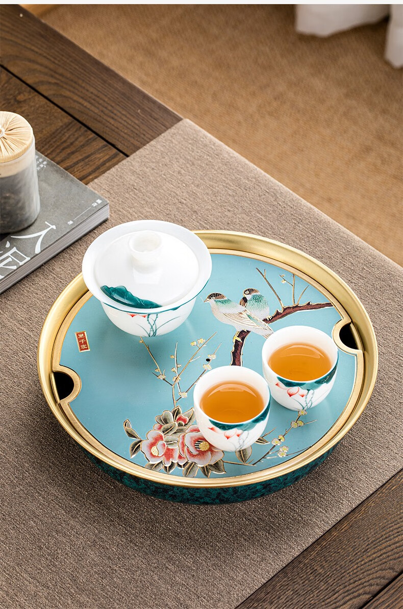 叁坤 纯黄铜家用茶盘轻奢现代家用储水式小茶台圆形功夫茶托干泡盘