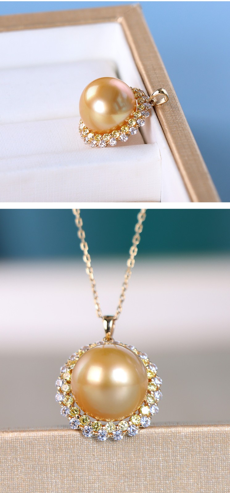 风下hrfly繁星南洋海水金珠吊坠1314mmtian然浓金珍珠吊坠18k金镶嵌