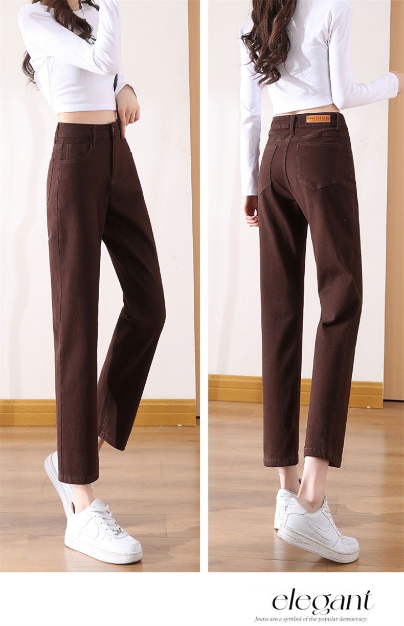 丹贝迪特 咖啡色牛仔裤女直筒裤新款显瘦小个子九分高腰烟管裤棕色