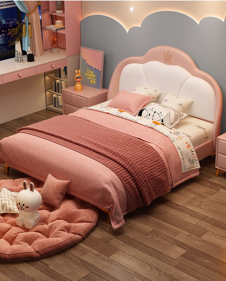 成长乐园儿童床女孩轻奢真皮床公主床美式少女单人床15m实木男孩床