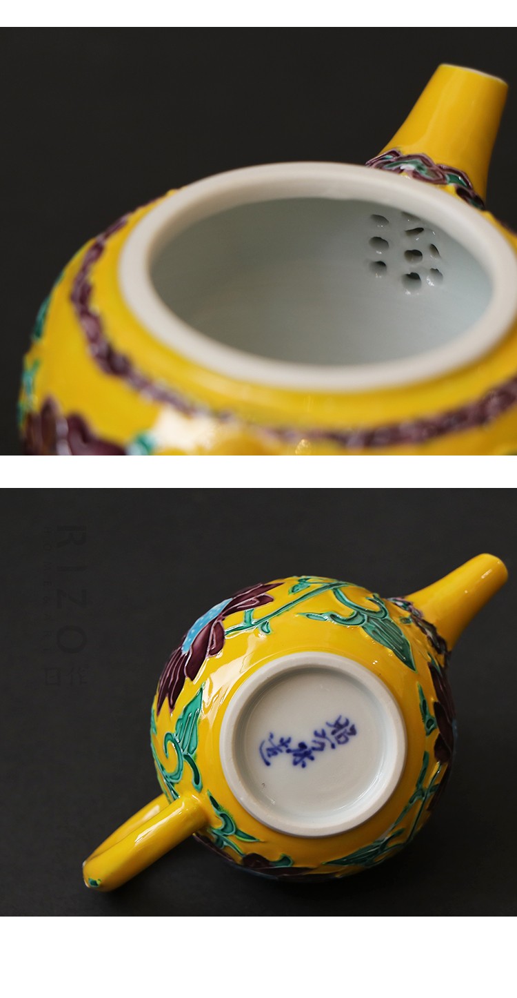 日本进口清水烧陶瓷泡茶壶昭阿弥黄交趾后手龙凤凰唐草纹急须壶款二