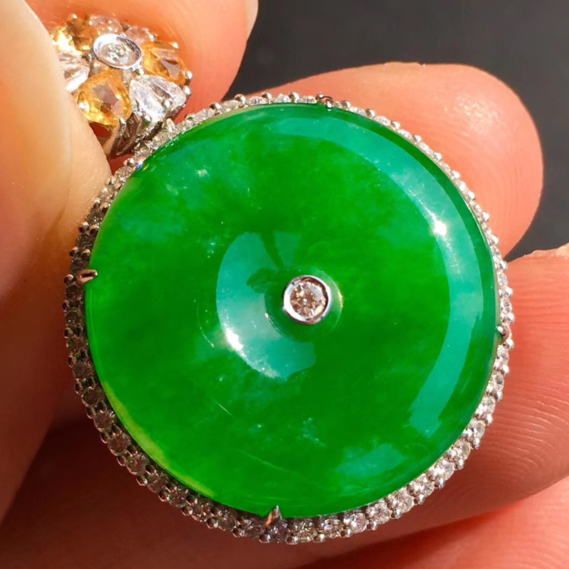 绿翠天成 翡翠满绿平安扣吊坠 冰种翡翠缅甸天然a货玉石平安玉坠玉佩