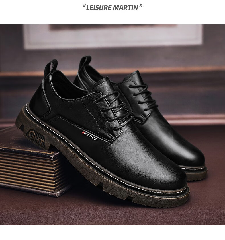 锦视秋季男鞋低帮男士工装大头皮鞋运动上班工作防滑鞋子男纯黑色劳保