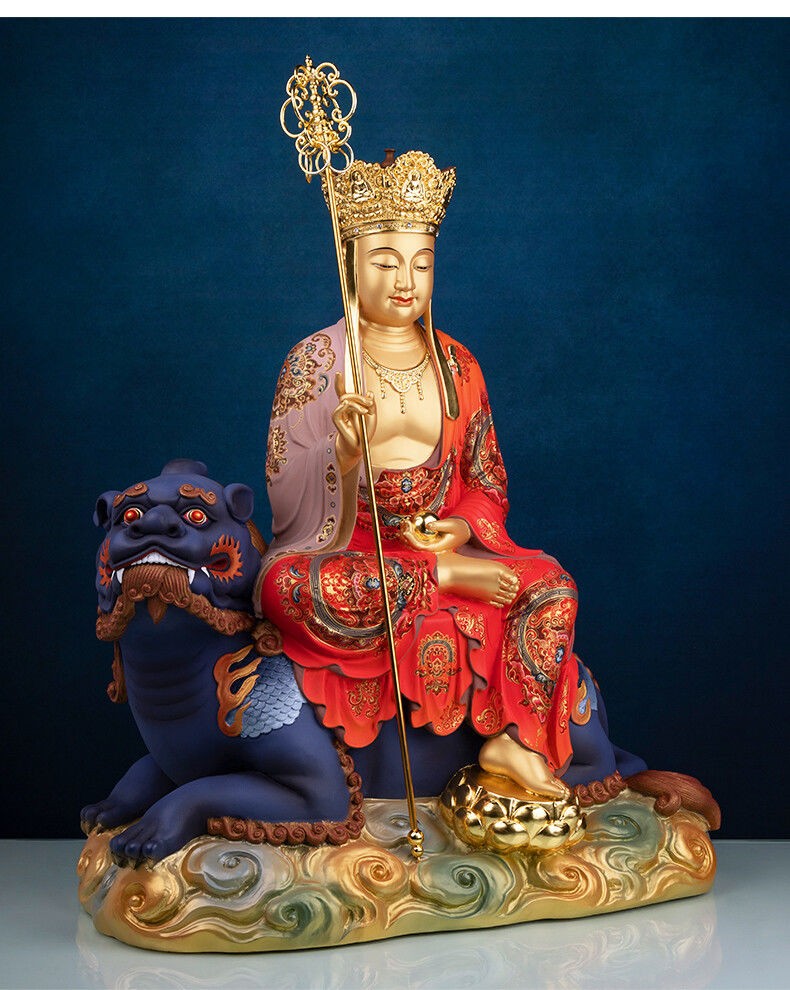 白凤凰全铜《地藏王菩萨》坐骑谛听九华山佛像铜贴金色彩绘供奉家用