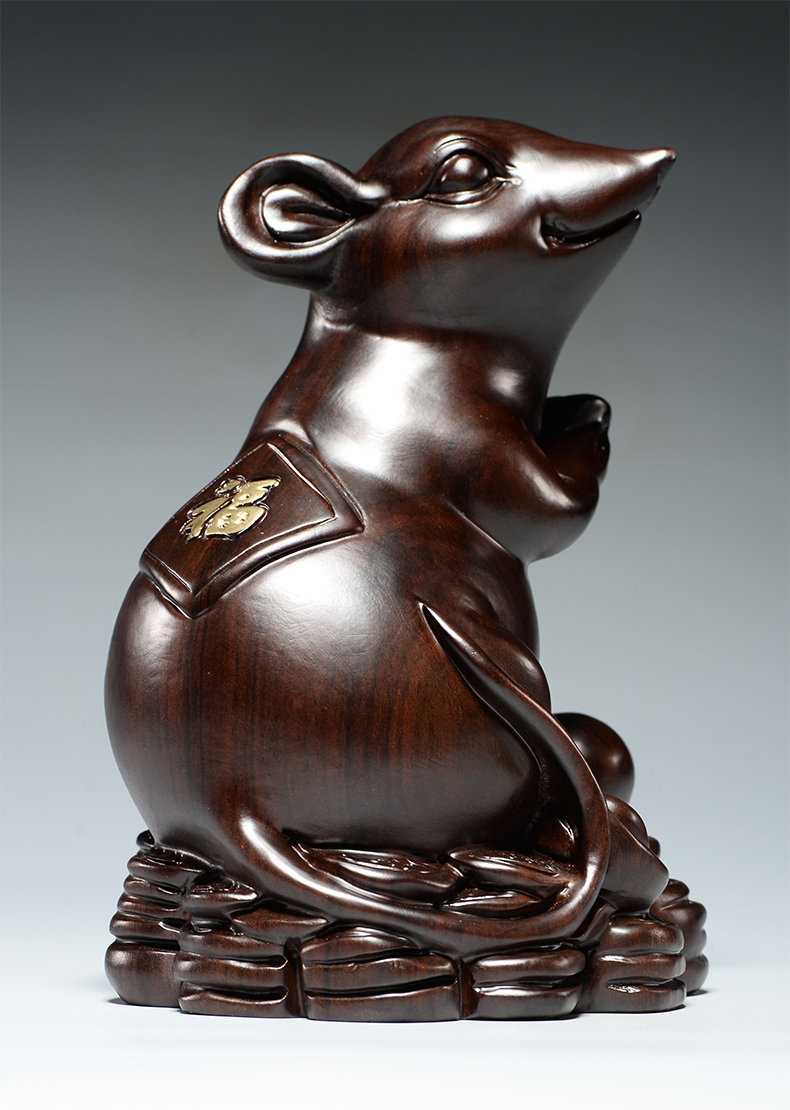 禾樾 木雕老鼠动物摆件十二生肖风水实木质福气鼠纳福本命送老人长辈