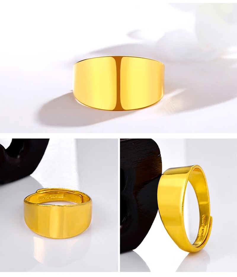 芷萱珠宝足金999经典时尚平板光面蛇肚黄金戒指镜面抛光平面指环情侣