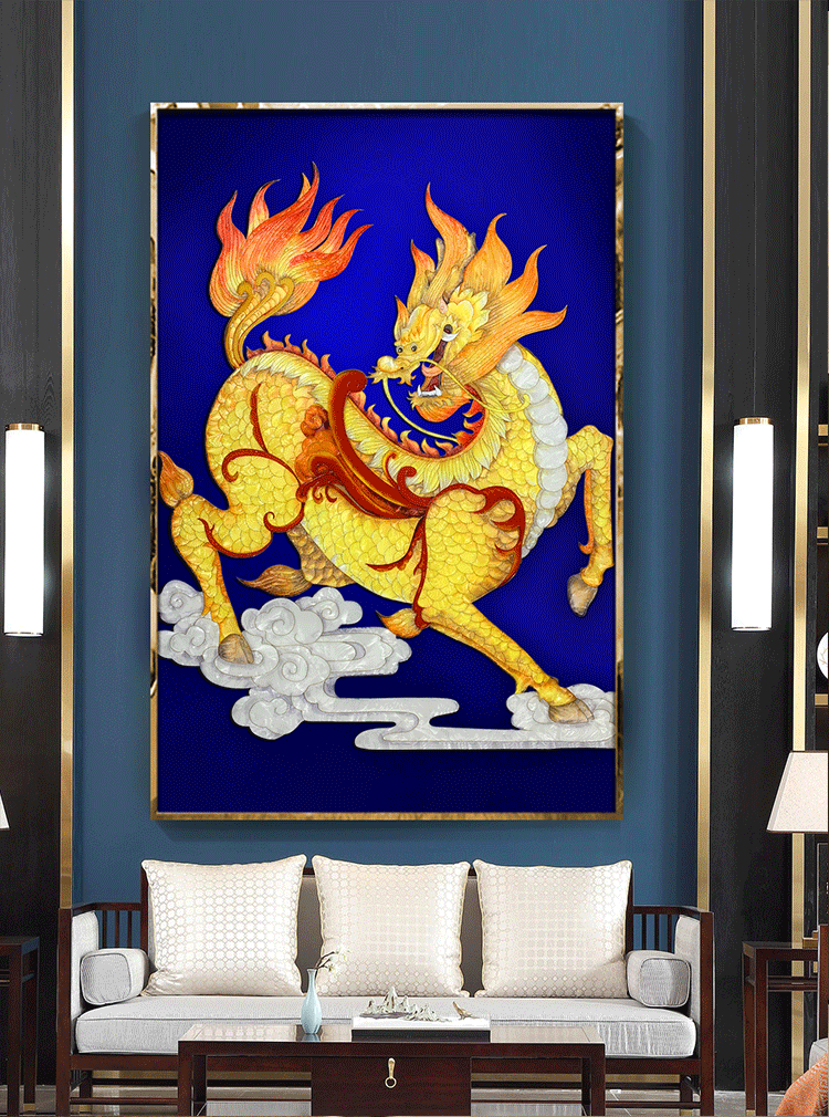 汉宫掐丝珐琅彩挂画客厅玄关装饰画新中式客厅麒麟画立体办公室茶室