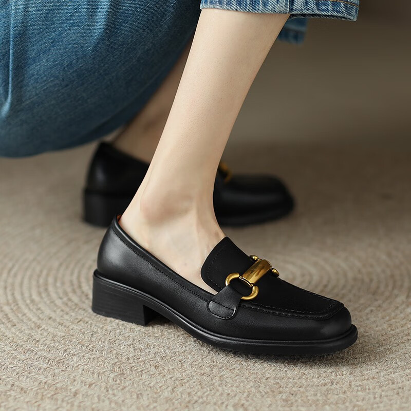 muurceer轻奢品牌女士乐福鞋女新款时尚英伦风真皮粗跟一脚蹬单鞋女