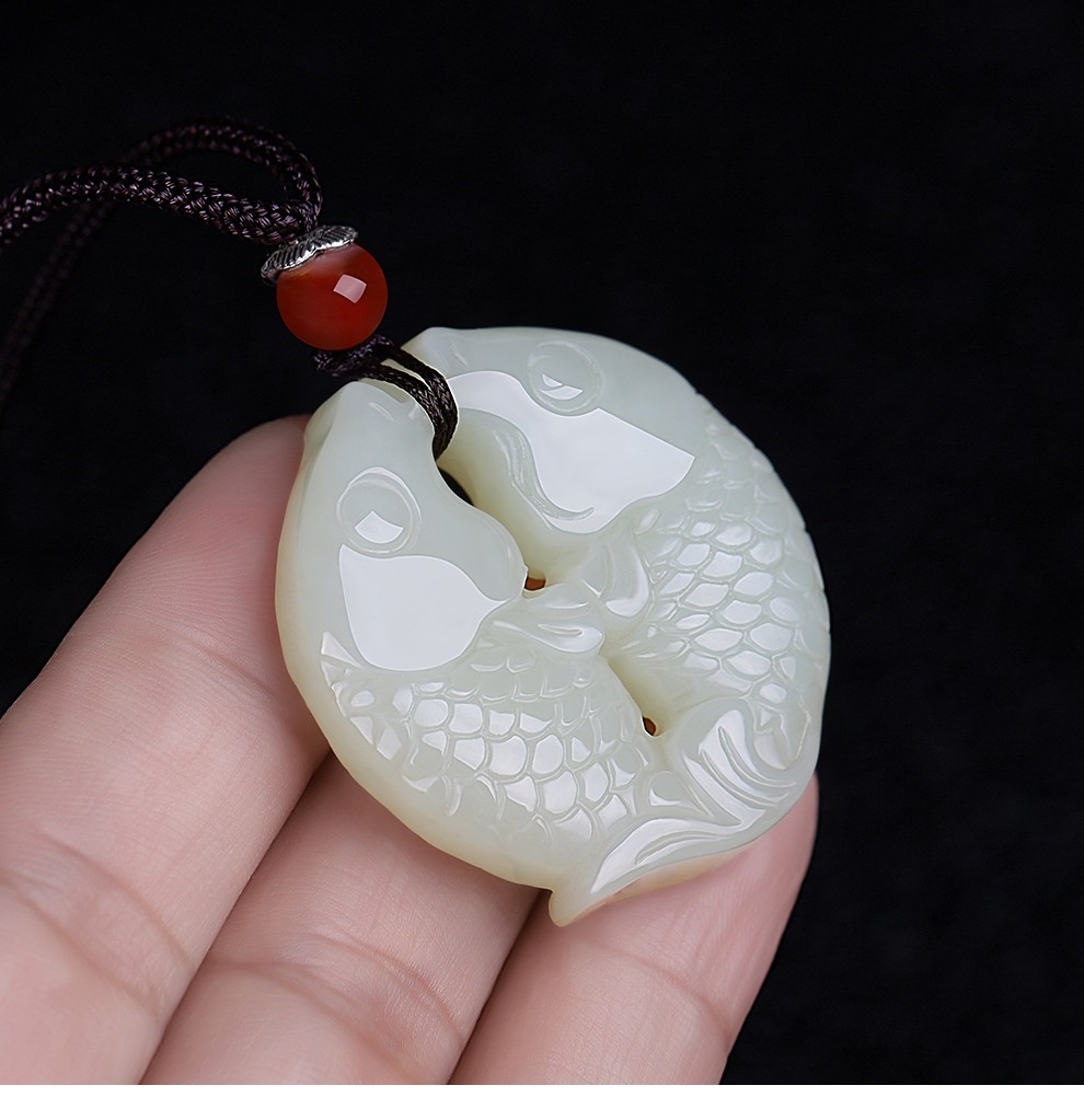 瑱瑜珠宝和田玉白玉吊坠玉石金鱼男女双鱼挂件颈饰款式二