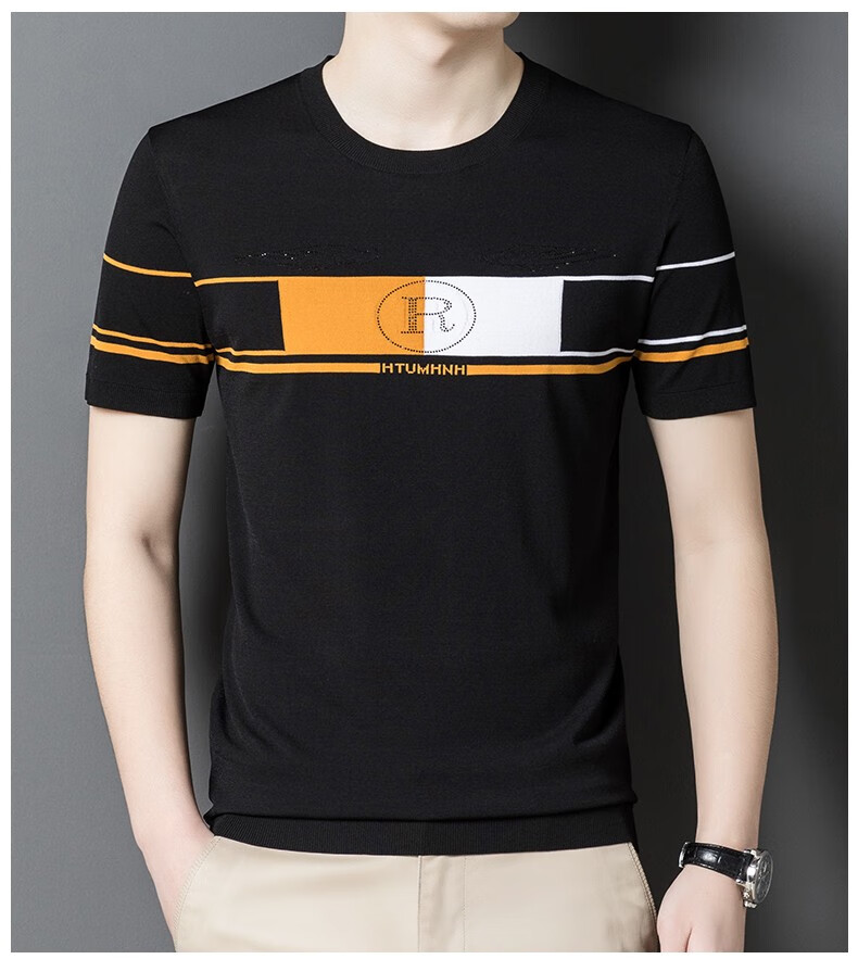 老爷车男士短袖针织t恤衫男中年夏装舒适透气圆领印花半袖内搭打底