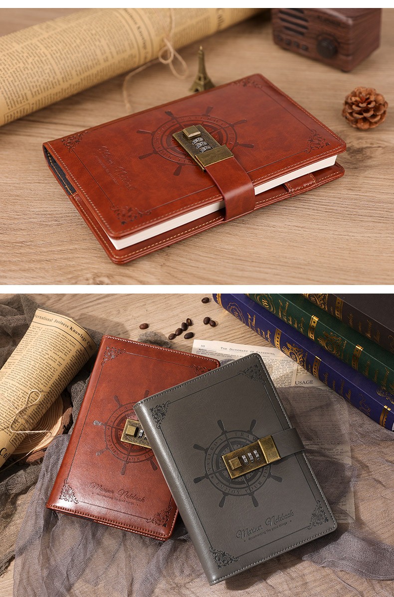 手账本复古文艺精致笔记本子加厚多功能指纹密码锁记事本密码本曜石黑