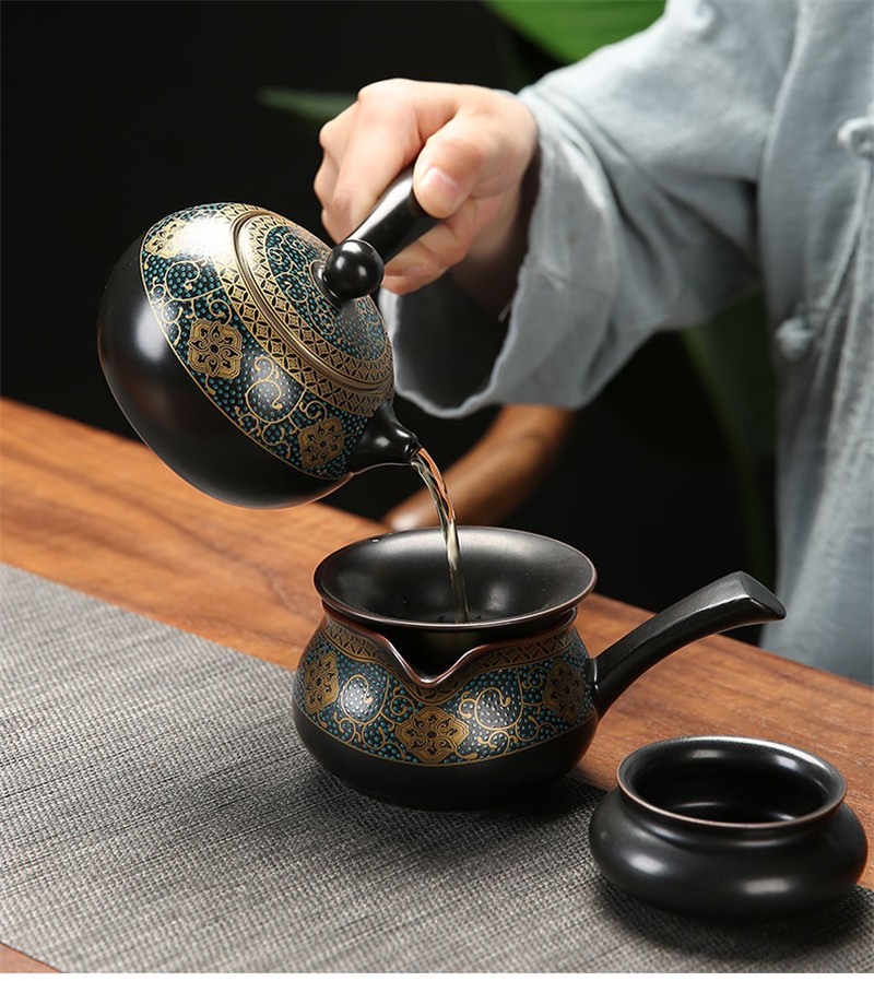 鎏金功夫茶具套装家用黑陶自动石磨泡茶器侧把茶壶复古陶瓷杯古韵暗香