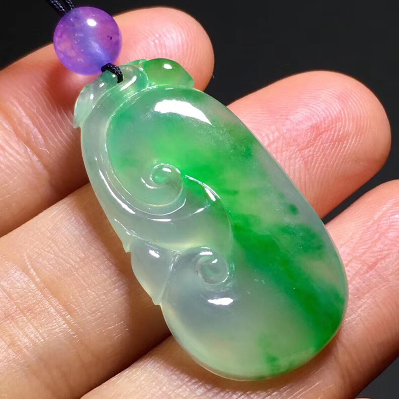 绿翠天成 翡翠带绿如意吊坠 冰种翡翠缅甸天然a货玉石平安玉坠玉佩18k