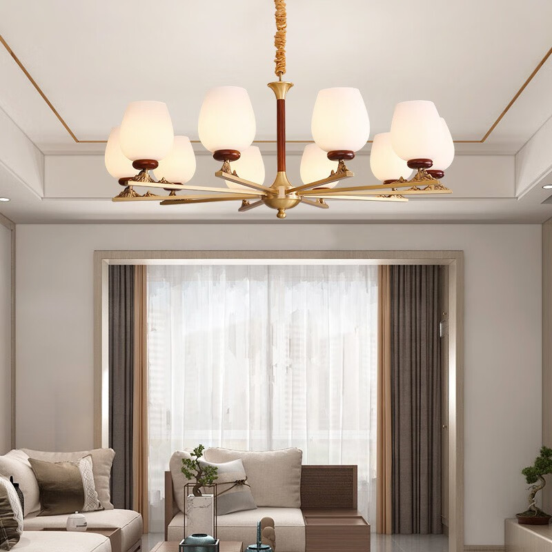 茗家新中式吊灯全铜客厅灯现代简约中国风餐厅禅意铜灯具e款15头玉石