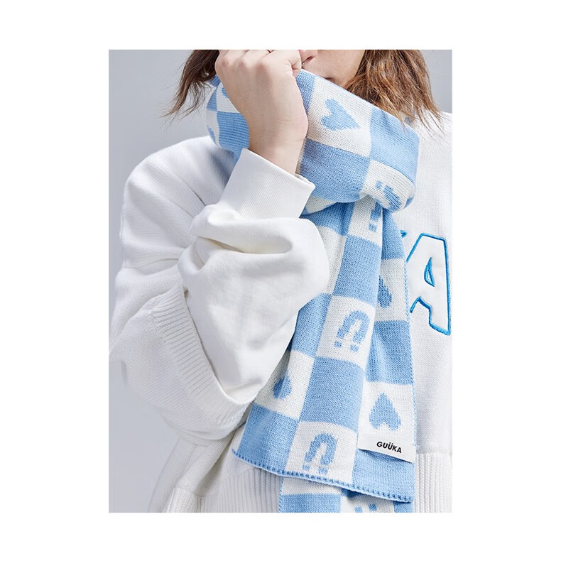 古由卡guuka潮牌蓝白棋盘格围巾男秋冬保暖 情侣爱心提花围脖女披肩