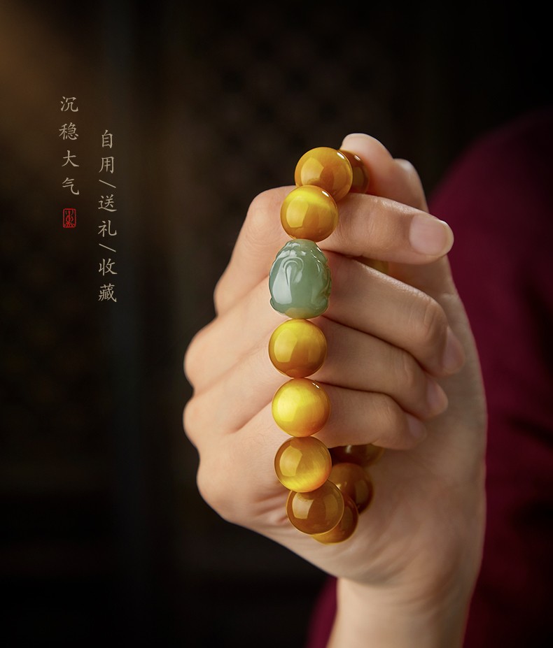 易明居2022虎年天然黄虎眼石手链女和田玉貔貅文玩银本命佛原石虎睛石