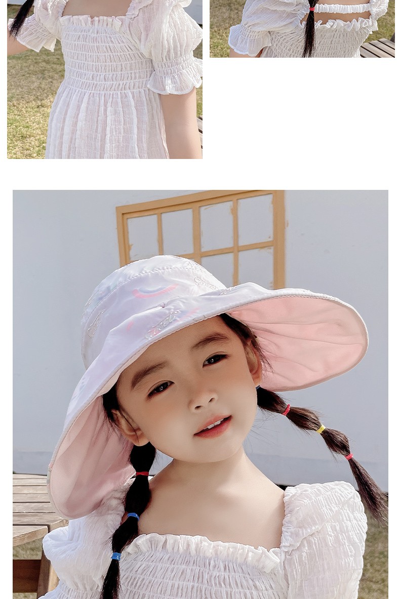 遮阳帽儿童女夏天帽可爱印花可折叠空顶大檐太阳帽女童浅黄色