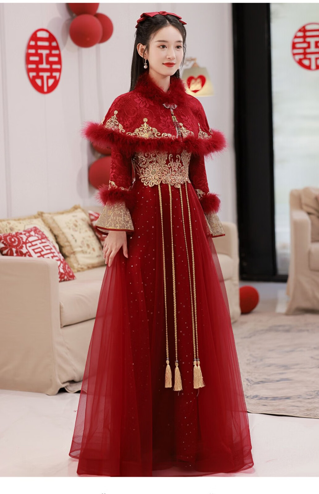 冬天红色结婚长袖中式旗袍礼服裙披肩加厚款秀禾服冬季 酒红色无披肩